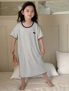 DAZY Young Girls Striped Print Nightgown Spring Summer - Grey - View 4