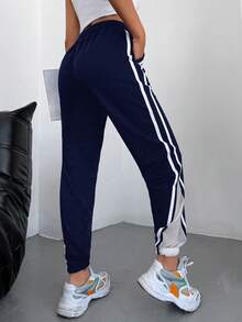 EURMUSE 95%棉质撞色侧缝抽绳腰带运动裤 - 藏蓝色 - 查看 2