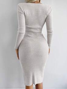EURMUSE Sweetheart Neck Ribbed Knit Jumper Dress - Apricot - View 2