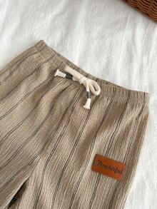 SHEIN Unisex Baby/Toddler Khaki Striped Casual Wide Leg Pants, Comfortable & Fashionable For Spring/Summer - Khaki - View 4