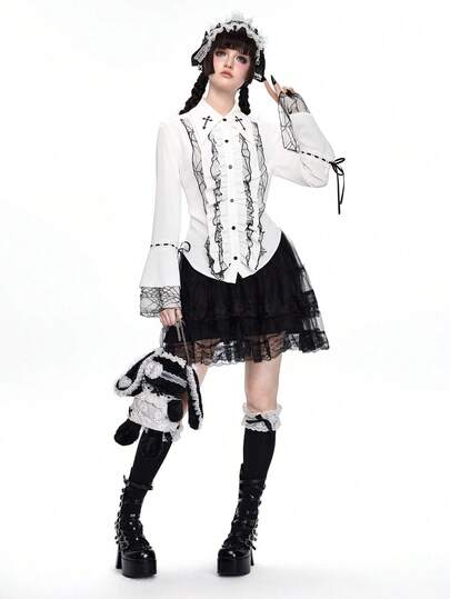 Gothic Spinnennetz Spitze Rüschen Saum Taillierte Damen Bluse