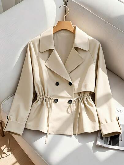 SHEIN Franclia Women's Solid Color Lapel NeckRaglan Sleeve Fashionable Short Casual Double-Breasted Trench Coat