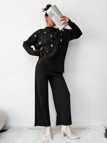 EURMUSE Women's Pearl Beaded Knit Sweater 2pcs/set - Black - View 3