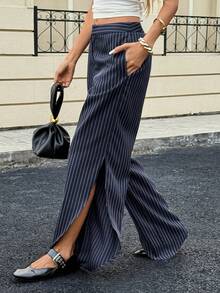 Siren Gaze Women's Chic Navy Blue And White Vertical Striped Minimalist Split Leg Pants,Summer Office Business Casual Elegant Old Money Style Wide Leg Trousers - Navy Blue - View 1