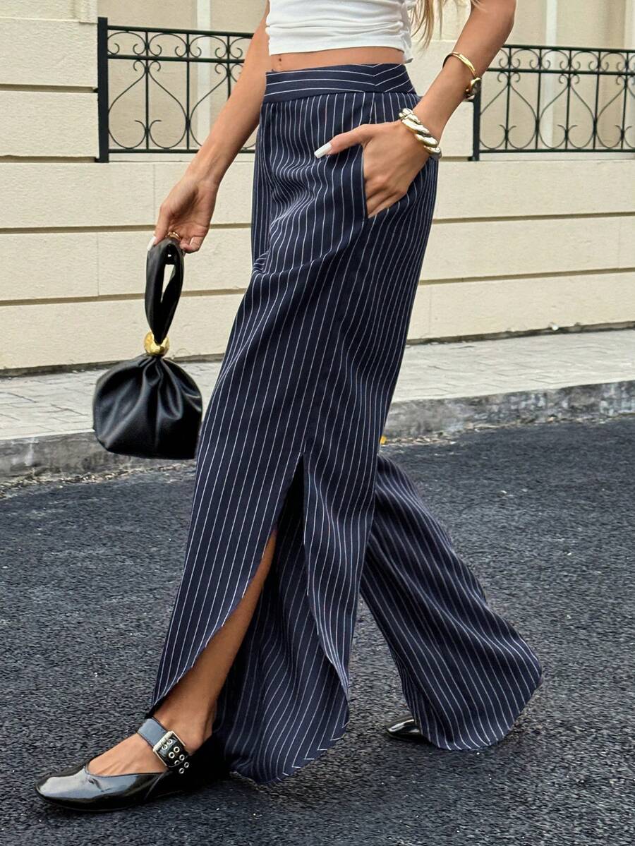 Siren Gaze Women's Chic Navy Blue And White Vertical Striped Minimalist Split Leg Pants,Summer Office Business Casual Elegant Old Money Style Wide Leg Trousers - Navy Blue - View 1