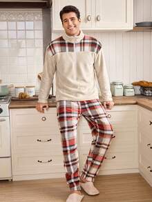 CoupledUp Contrast Plaid Flannel Casual Loose Men's Pajama Set - Apricot - View 7