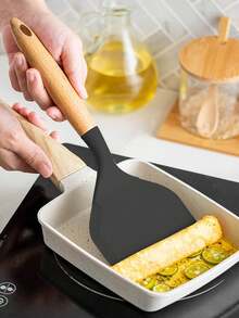 1Pc Silicone Wide Spatula Turner With Wooden Handle, Non-Stick Pancake, Fish, Egg, Cookie, Omelette Shovel, Flexible For Non-Stick Cookware (Black) - Multicolor - View 5