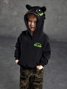 SHEIN How to Train Your Dragon Young Boy Letter & Cartoon Graphic Hooded Sweatshirt - Black - View 1