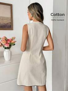 Easowa Sleeveless Lapel Open Front Apricot 100% Cotton Women's Mini Dress, Spring/Summer  Summer Dress  Summer Holiday Outfits Spring Dress Women Spring Break Outfits Valentines Day Dress  Beach Dress  Wedding Guest Dress For Women Summer Holiday Outfits Vacation Outfits Women - Apricot - View 5