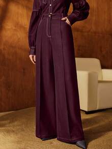 Anewsta Elegant High-Waisted Straight-Leg Women's Pants, Suitable For Commuting, Fall, Winter, New Year, Elegant, Chic, Stylish, Christmas, Going Out - Burgundy - View 6