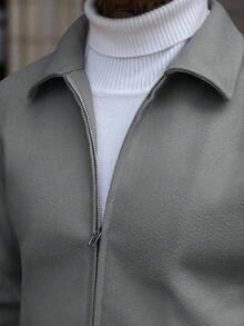 Manfinity CasualCool Men's Casual Solid Color Zipper Front Long Sleeve Overcoat, Autumn Casual Men Grey Overcoat - Grey - View 3