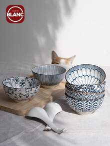 4 件/6 件日式釉下彩陶瓷饭碗、4.5 英寸汤碗、中国风陶瓷碗、沙拉碗、学校用品 - 彩色 - 查看 2