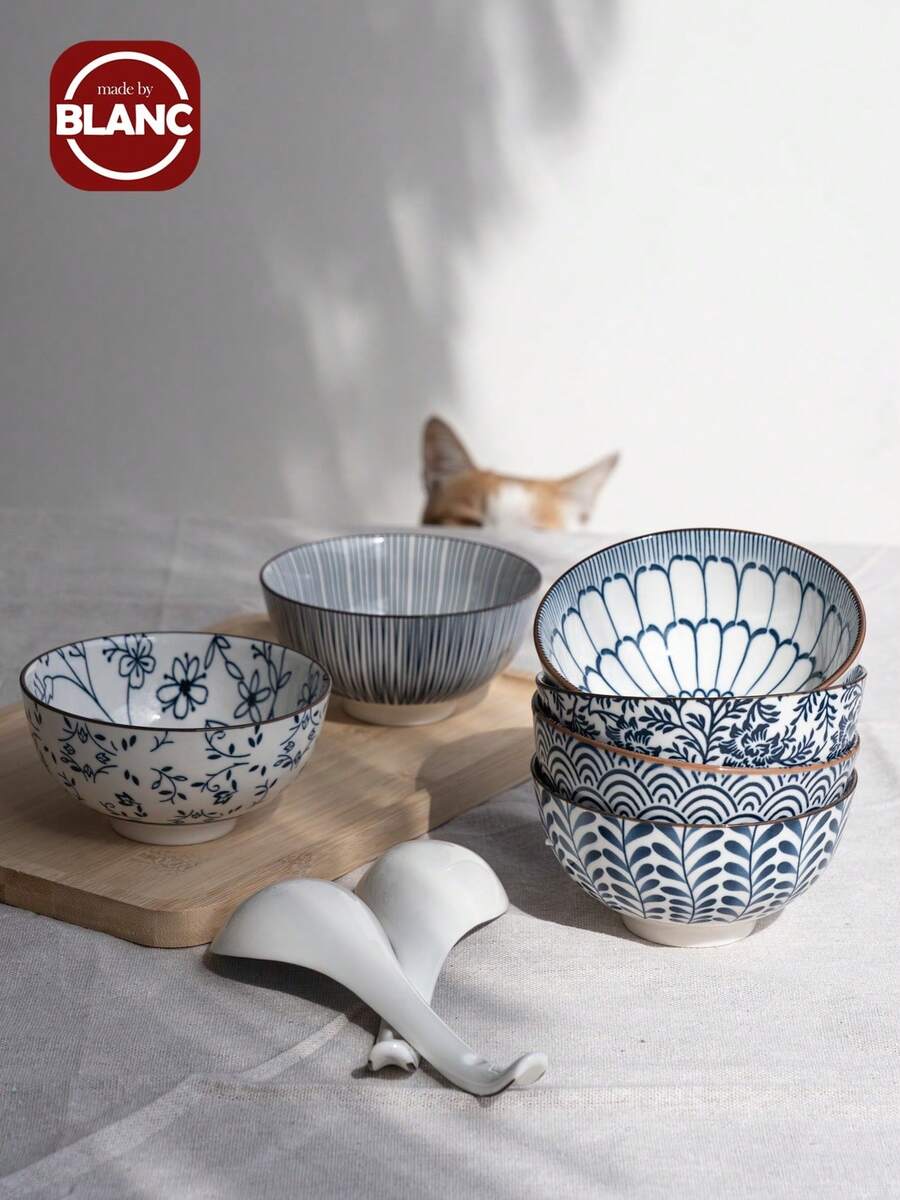 4 件/6 件日式釉下彩陶瓷饭碗、4.5 英寸汤碗、中国风陶瓷碗、沙拉碗、学校用品