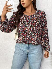 SHEIN Frenchy Plus Size Women Black Ditsy Floral Round Neck Long Sleeve Blouse,Autumn Boho Flower Top,Versatile Casual Daily Wear Commuting Tea Party Spring Top - Multicolor - View 7