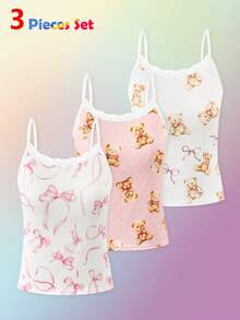 3pcs Girls Cute Bear Print Bow Lace Collar Camisole Tops, Comfortable Casual Everyday Wear - Multicolor - View 3