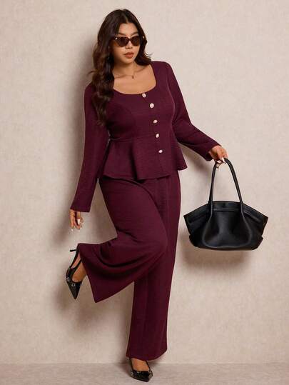 Elaquor Conjunto de 2 piezas de camisa y pantalón de unicolor elegante para talla grande