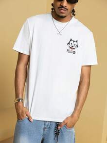 Felix The Cat X SHEIN Áo thun nam cổ tròn tay ngắn in hình mèo thường ngày, mùa hè - trắng - Xem 1