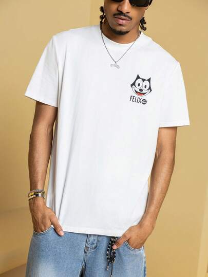 Felix The Cat X SHEIN Camiseta de manga corta de cuello redondo con estampado de gato casual para hombre, verano