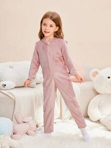 年轻女孩简约时尚粉色恐龙毛绒长袖连帽连体裤舒适保暖家居服 - 粉色 - 查看 2