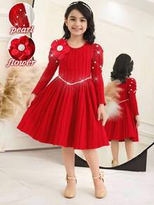 Girls Red A-Line Round Neck Long Sleeve Short Dress With Pearl And Flower Details For Winter Vacation - Red - View 8