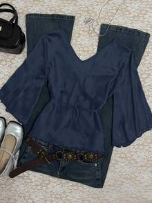 INAWLY 女士纯色简约长袖系带衬衫，休闲日常穿着 - 藏蓝色 - 查看 2