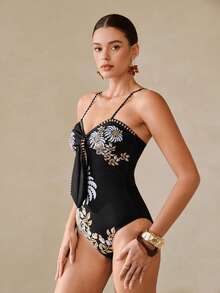 Swim Oasis Sexy Slimming High-Waisted Printed Swimsuit With Detachable Mesh Skirt, Popular For Spring/Summer - Multicolor - View 5