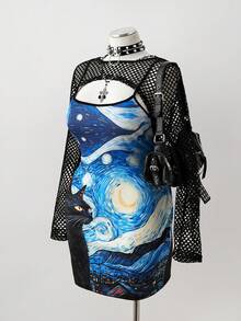 Sunspun Conjunto de 2 piezas: Vestido de talla grande con estampado de Van Gogh de vibra oscura y chal de malla - Multicolor - Ver 5