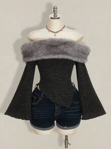 SHEIN ICON Plus Size Turtleneck Patchwork Off Shoulder Brown Y2K Vintage Knit Top - Dark Grey - View 3