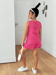 2件組 青少年女孩休閒紋理布料蝴蝶結露背背心上衣與短褲套裝 - 玫紅色 - 查看 3