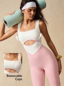 VARSIVA Mono sin mangas elástico con bloques de color y diseño hueco para mujer de verano - Rosa - Ver 4