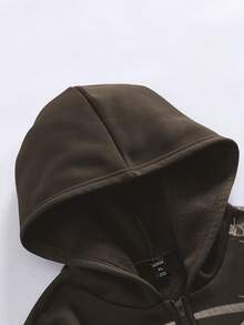 ROMWE MEN Spring Casual Graphic Men'S Zip-Up Casual Versatile Warm Hooded Sweatshirt - Coffee Brown - View 5