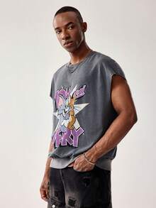 TOM & JERRY X SHEIN Men's Casual Everyday Commute Fashion Street Cute Cartoon Letter Graphic Washed Loose Tank Top, Summer
