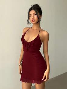 Aloruh Halter Backless Tie-Up Black Mini Dress For Women ,Summer Dress - Burgundy - View 7