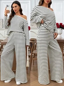 EMERY ROSE 女士条纹不对称肩长袖上衣和阔腿裤休闲宽松两件套 - 杏色 - 查看 1