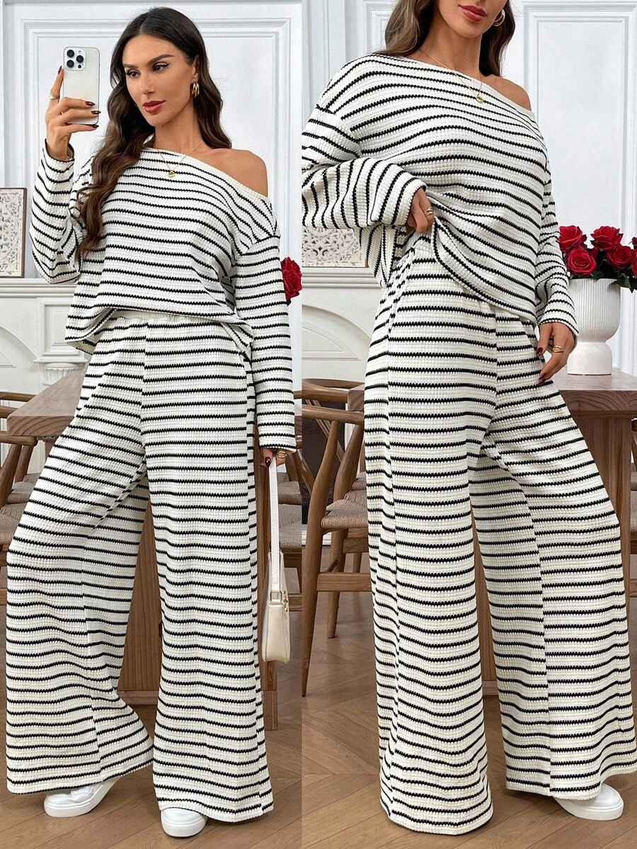 EMERY ROSE 女士条纹不对称肩长袖上衣和阔腿裤休闲宽松两件套 - 杏色 - 查看 1