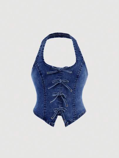SHEIN Girlism Tween Girl Fashion Casual Y2k Comfortable Simple Bow Knot Design Blue Halter Denim Top For Girl Soft Dailywear And Tween Girl Summer And Spring Clothes