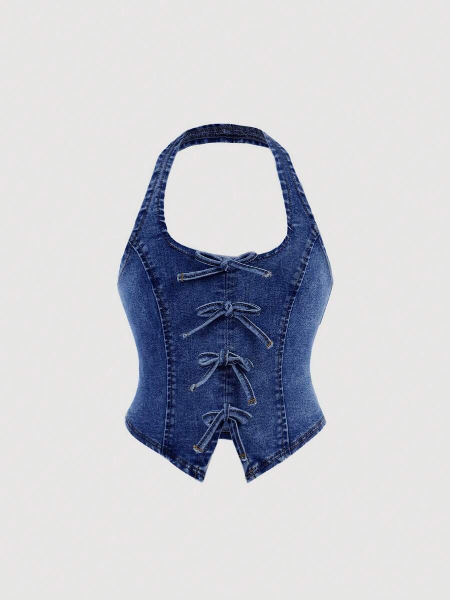 SHEIN Girlism 少女时尚休闲Y2K舒适简约蝴蝶结设计蓝色吊带牛仔上衣，柔软舒适，适合日常穿着，也是少女春夏服装的理想之选。 - 深色水洗藍 - 查看 1