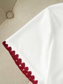 Resyla 女士图案T恤，夏季新款，白色底，饰以红色爱心和犬牙刺绣，适合户外、街头风、休闲、约会等场合，女士短袖T恤 - 白色 - 查看 4