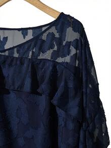 Lacomfia Plus Size Navy Jacquard Chiffon Blouse, Elegant Ruffle Trim Loose Fit Top - Blue - View 4