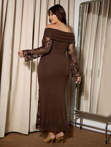 Elaquor Vestido de fiesta elegante con hombros descubiertos y bordado floral para tallas grandes - Café integral - Ver 2