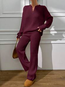 EURMUSE V Neck Sweater And Pant Casual Elegant - Burgundy - View 4