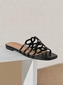 SHUZIA Women's Elegant Floral Cut-Out Slip-On Flat Sandals - Black - View 5