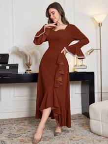 Modelyn Women's Extra Long Flare Sleeve Asymmetrical Ruffle Hem Midi Dress,Coffee Brown Autumn Elegant Dining Spring/Summer Brown Coffee Brown Dress - Rose Red - View 6