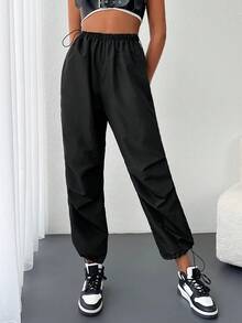 EURMUSE Solid Drawstring Hem Trousers - Black - View 4