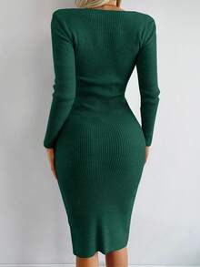EURMUSE Sweetheart Neck Ribbed Knit Sweater Dress - Green - View 2