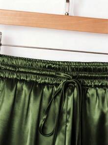 Franclia Plus Size Satin Drawstring Tie Waist Straight Leg Pants Satin Pants Green Satin Pants Silk Pants Green Silk Pants Wide Leg Satin Pants - Olive Green - View 5
