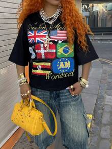 Rovax 女士圆领短袖时尚国旗图案上衣，夏季 - 彩色 - 查看 1