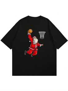 Versatile Baggy Short Sleeve T-Shirt With Fun Basketball Print, Ideal For Vacation, Work And Use - Black 3 - View 3