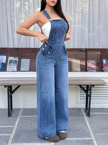 Rivivi 女士休闲时尚街头风日常通勤校园风牛仔背带裤，带侧袋 - 中等水洗藍 - 查看 3