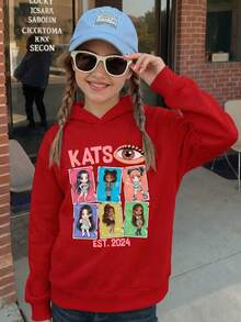Niña sudadera casual diseño gráfico anime tejido suave ajuste regular otoño invierno uso diario hoodie - Rojo - Ver 1